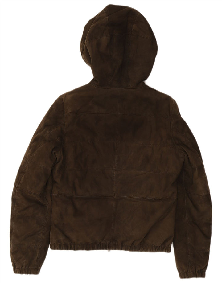 Max Mara Womens Hooded Suede Padded Jacket UK 10 Small Khaki Leather Biker