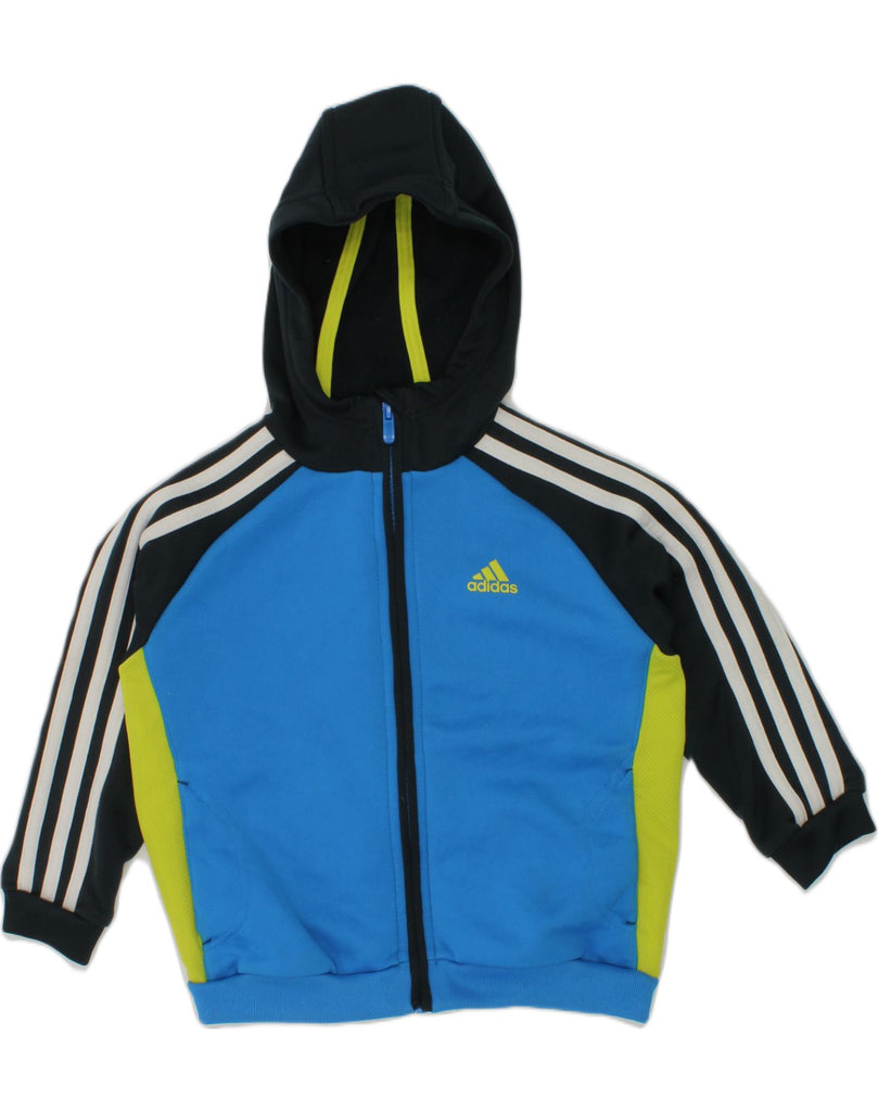 ADIDAS Boys Zip Hoodie Sweater 3-4 Years Blue Colourblock Polyester | Vintage Adidas | Thrift | Second-Hand Adidas | Used Clothing | Messina Hembry 