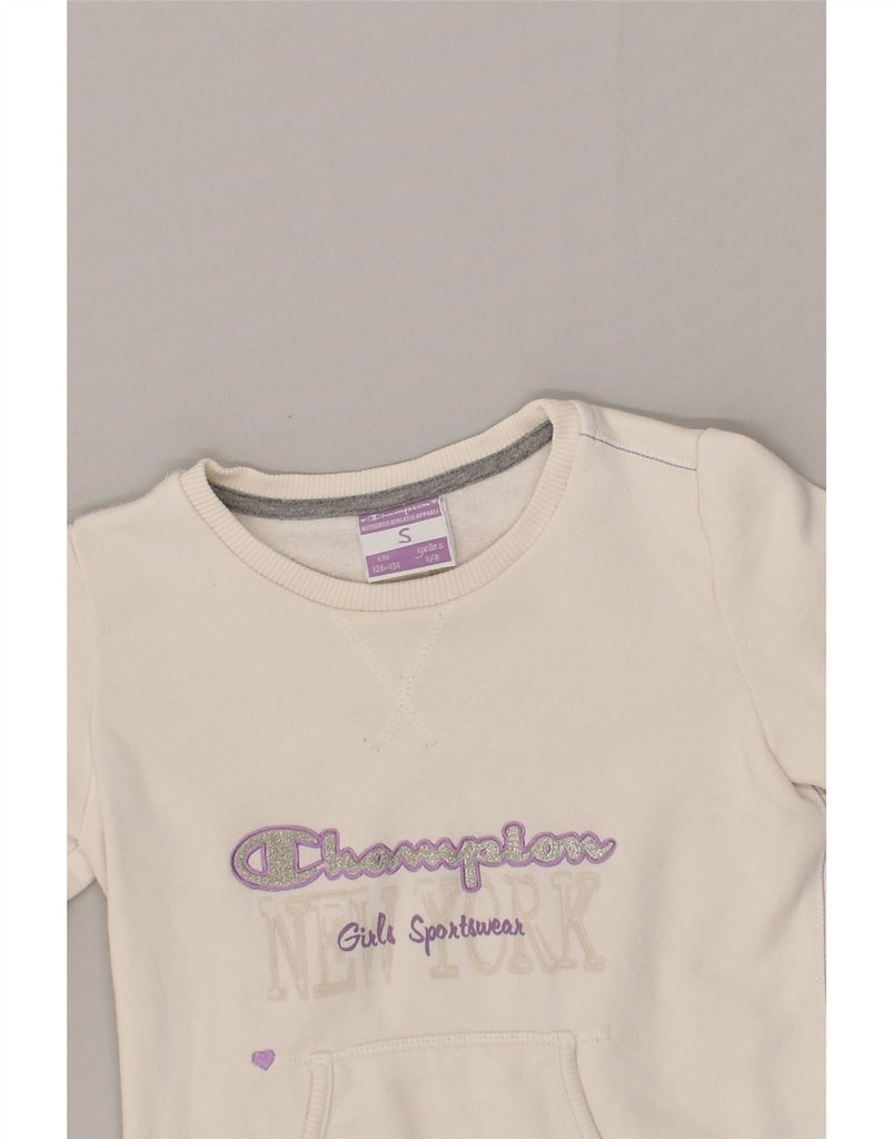 CHAMPION Girls Graphic Sweatshirt Jumper 7-8 Years Small White Cotton | Vintage Champion | Thrift | Second-Hand Champion | Used Clothing | Messina Hembry 