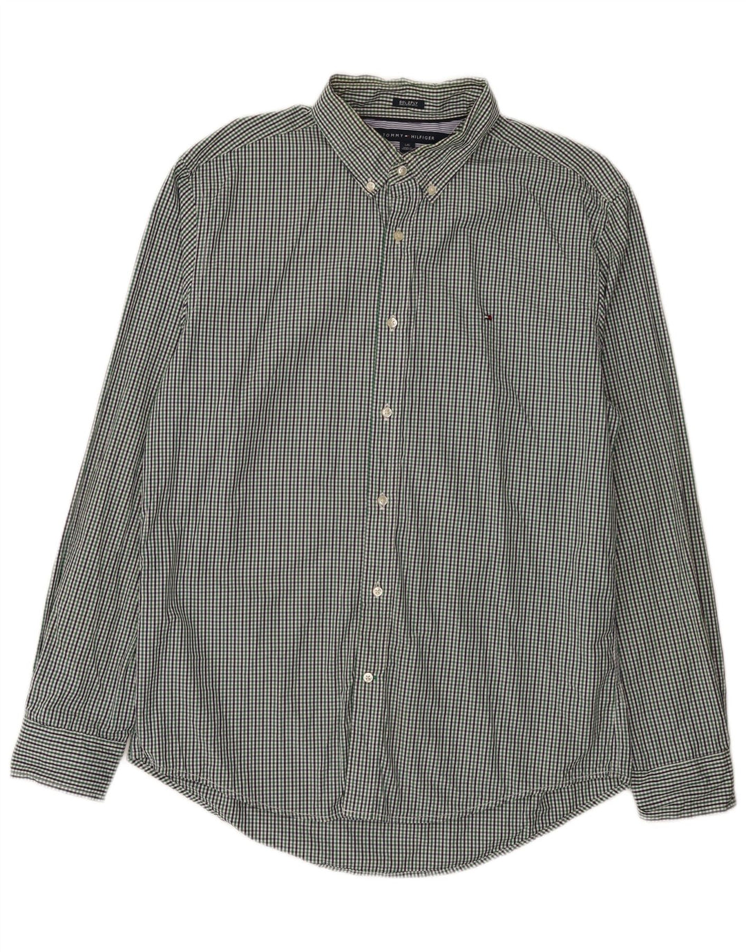 Tommy Hilfiger Mens Custom Fit Shirt Large Green Gingham Cotton
