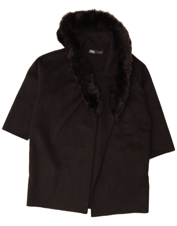 Zara Womens Oversized Hooded Open Overcoat UK 18 XL Black Wool