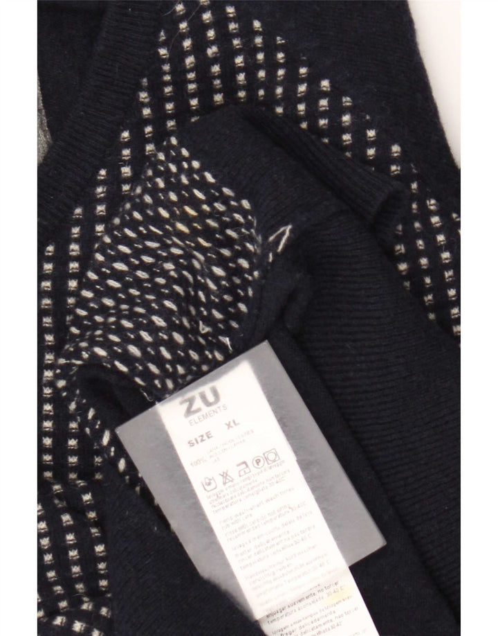 Zu Elements Mens Graphic V-Neck Jumper Sweater XL Navy Blue Geometric Wool