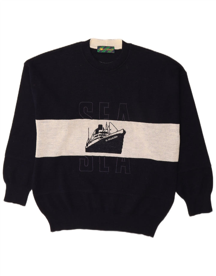 Il Granchio Mens Crew Neck Jumper Sweater Large Navy Blue Colourblock