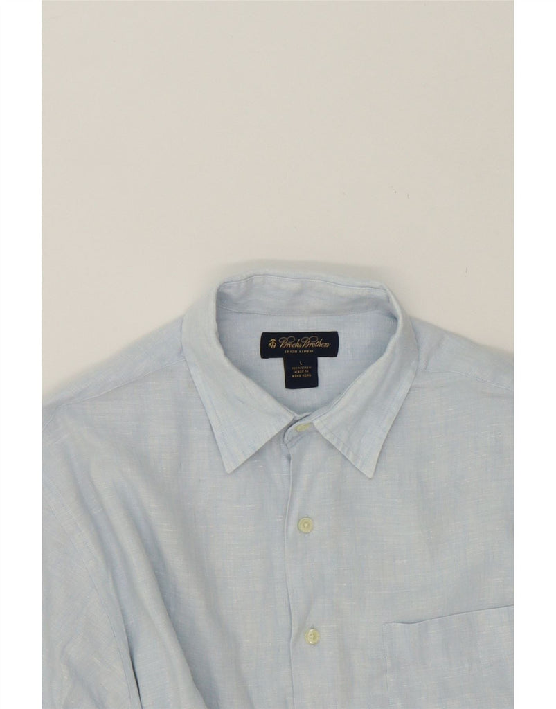 BROOKS BROTHERS Mens Short Sleeve Shirt Large Blue Linen Vintage Brooks Brothers and Second-Hand Brooks Brothers from Messina Hembry 