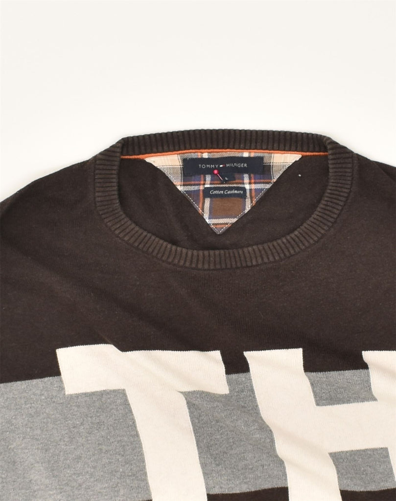 TOMMY HILFIGER Mens Crew Neck Jumper Sweater Large Brown Colourblock | Vintage Tommy Hilfiger | Thrift | Second-Hand Tommy Hilfiger | Used Clothing | Messina Hembry 