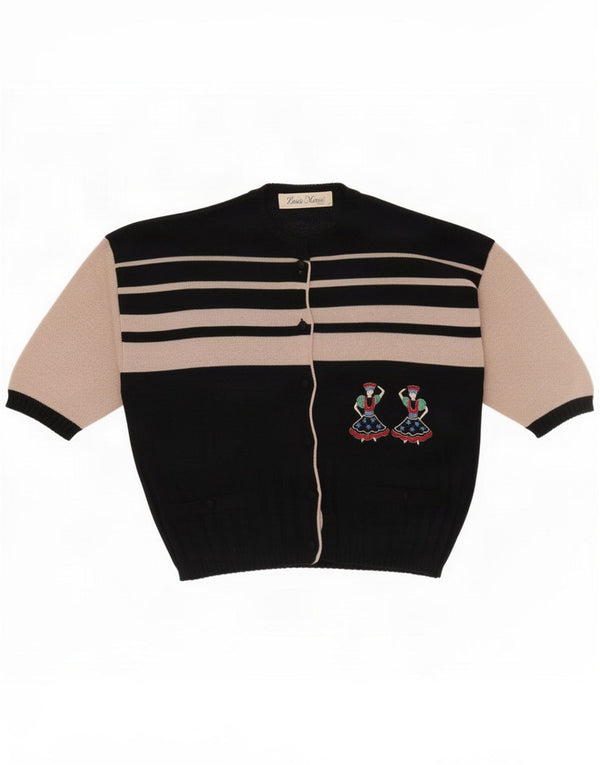 Vintage Womens Short Sleeve Cardigan Sweater UK 14 Medium Black Striped