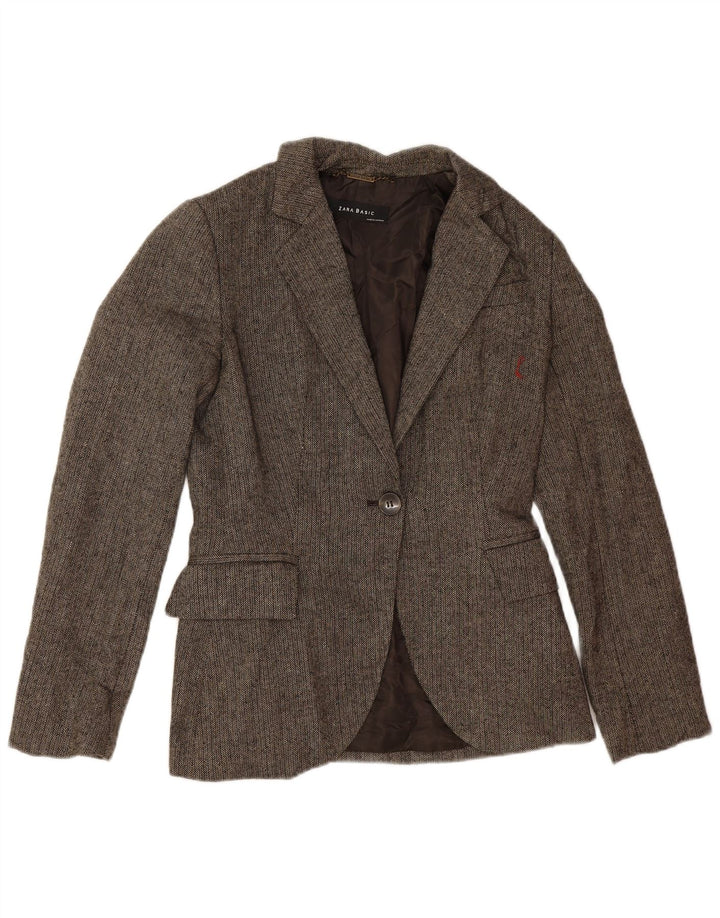 Zara Womens 1 Button Blazer Jacket UK 12 Medium Brown Herringbone Wool