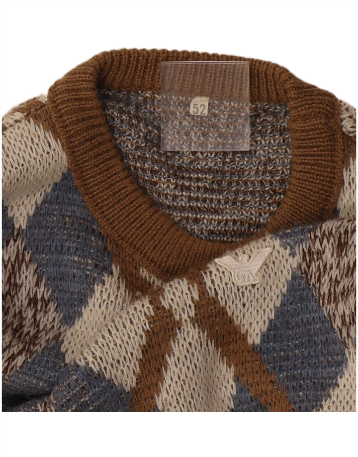 Vintage Mens Crew Neck Jumper Sweater IT 52 Large Brown Argyle/Diamond
