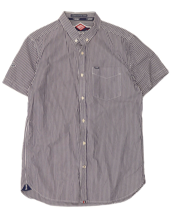 Superdry Mens Short Sleeve Shirt Large Blue Pinstripe Cotton