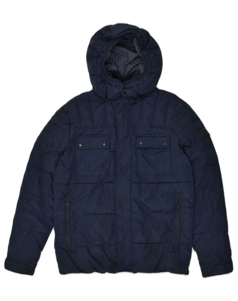 JACK & JONES Mens Hooded Padded Jacket UK 40 Large Navy Blue Polyester | Vintage Jack & Jones | Thrift | Second-Hand Jack & Jones | Used Clothing | Messina Hembry 