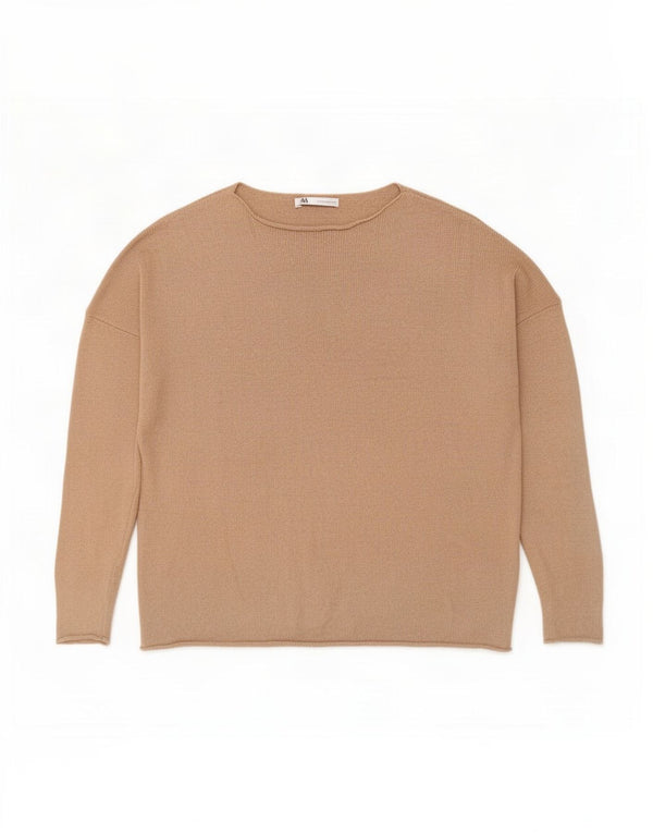 Zara Womens Oversized Boat Neck Jumper Sweater UK 14 Medium Beige Cotton