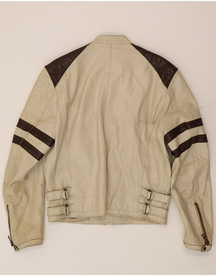 Gas Mens Leather Racer Jacket UK 40 Large Beige Colourblock