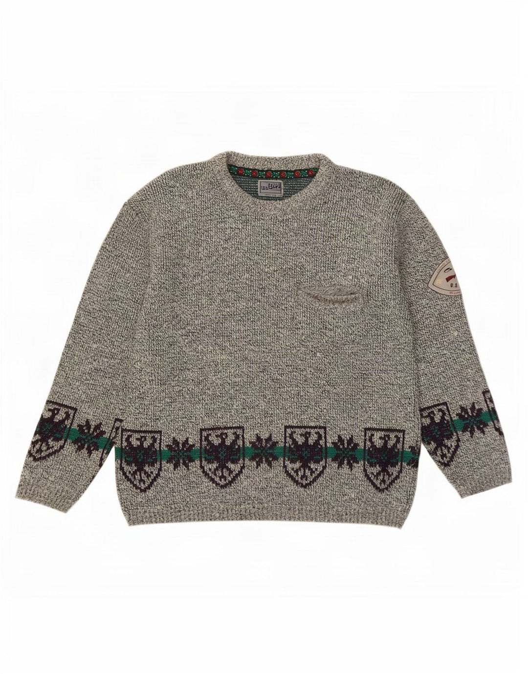 Vintage Mens Crew Neck Jumper Sweater Large Grey Fair Isle Wool