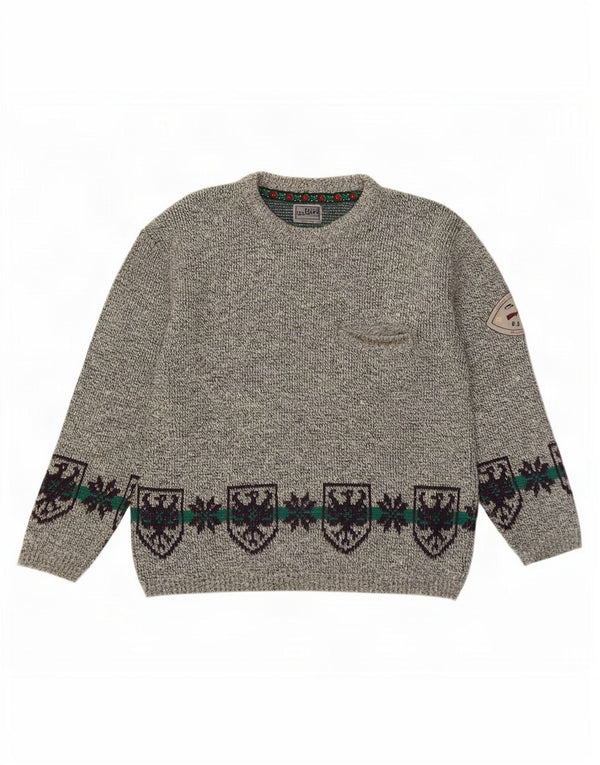Vintage Mens Crew Neck Jumper Sweater Large Grey Fair Isle Wool
