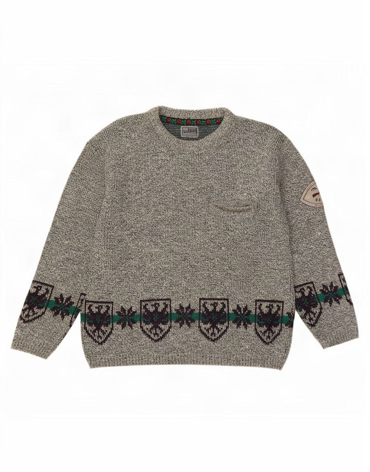 Vintage Mens Crew Neck Jumper Sweater Large Grey Fair Isle Wool