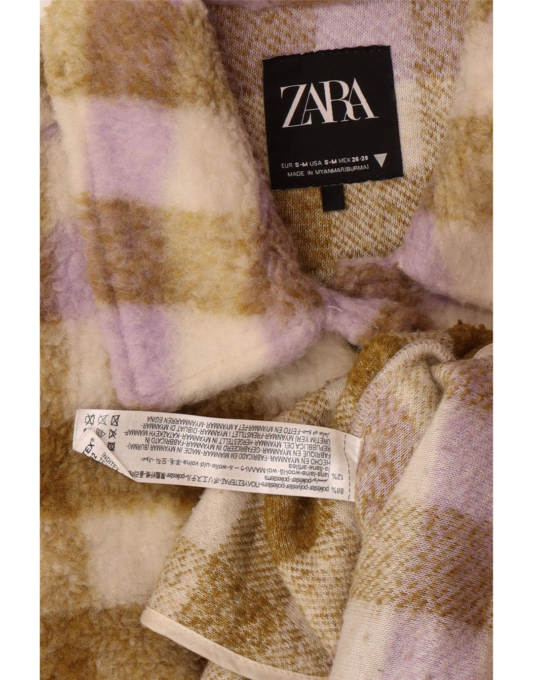 Zara Womens Oversized Fleece Jacket UK 10 Small Beige Plaid Polyester