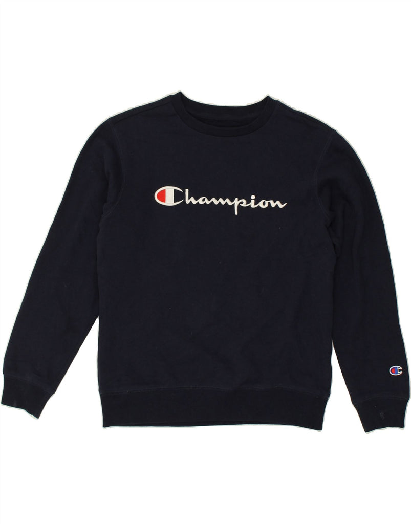 CHAMPION Womens Graphic Sweatshirt Jumper UK 14 Large Navy Blue Cotton | Vintage Champion | Thrift | Second-Hand Champion | Used Clothing | Messina Hembry 