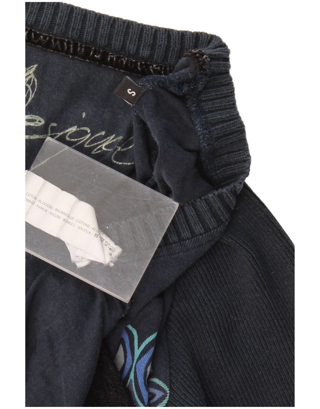 DESIGUAL Womens Graphic V-Neck Jumper Sweater UK 8 Small Navy Blue Floral