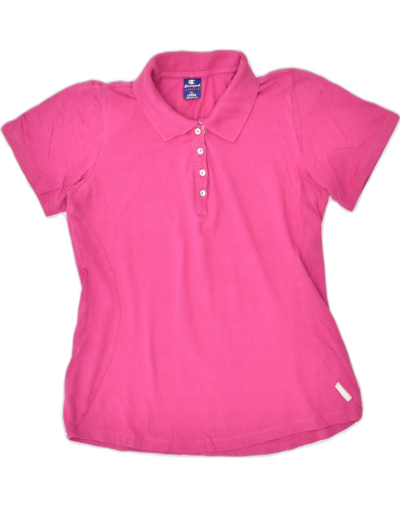 CHAMPION Womens Polo Shirt UK 14 Large Pink Cotton | Vintage | Thrift | Second-Hand | Used Clothing | Messina Hembry 