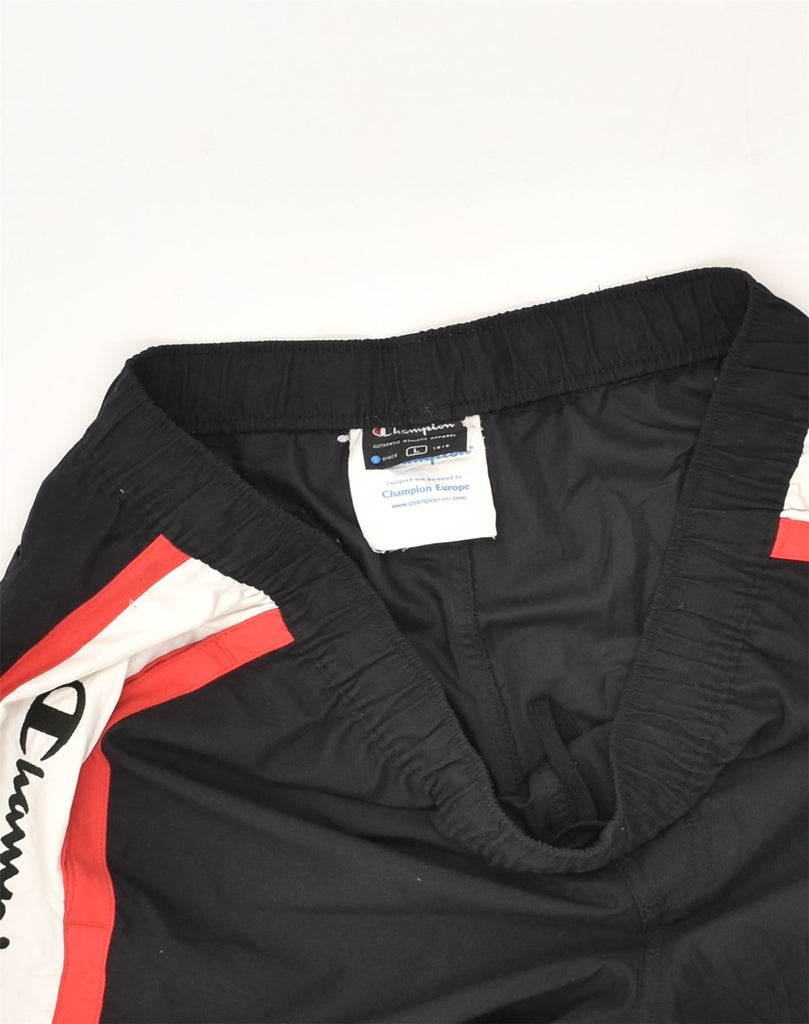 CHAMPION Mens Graphic Sport Shorts Large Black Colourblock Polyester | Vintage Champion | Thrift | Second-Hand Champion | Used Clothing | Messina Hembry 