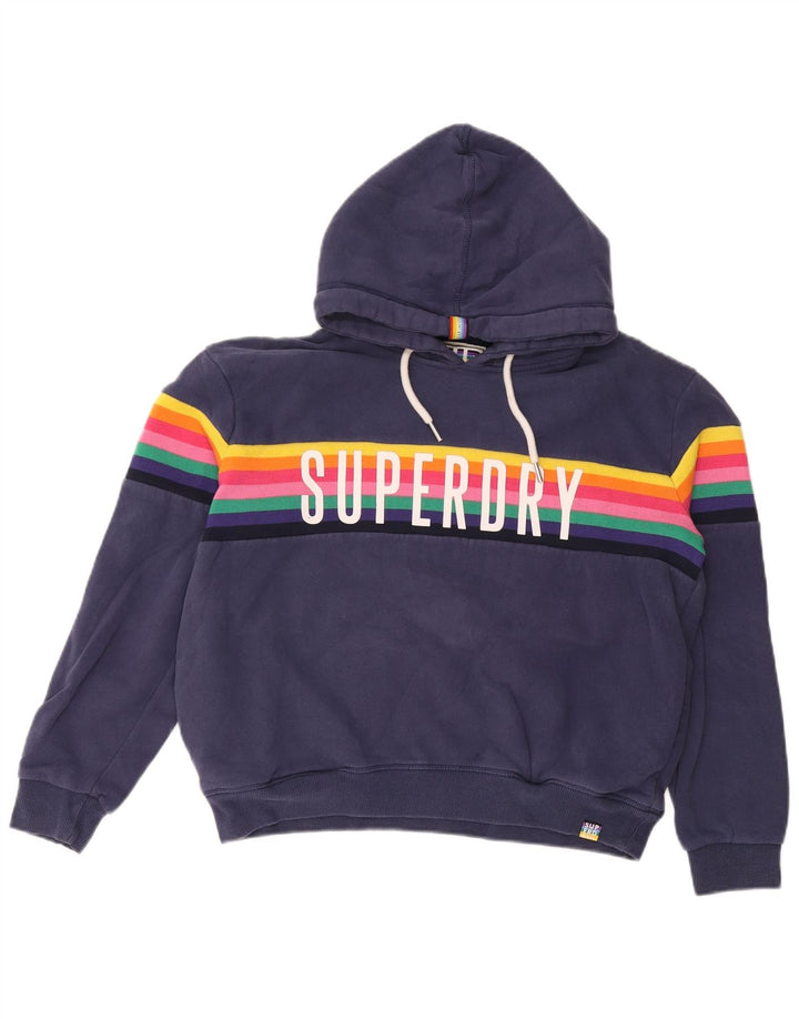 Superdry Womens Graphic Hoodie Jumper UK 12 Medium Navy Blue Striped Cotton
