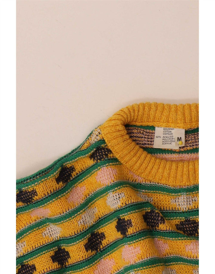 Vintage Mens Crew Neck Jumper Sweater Medium Yellow Geometric Cotton