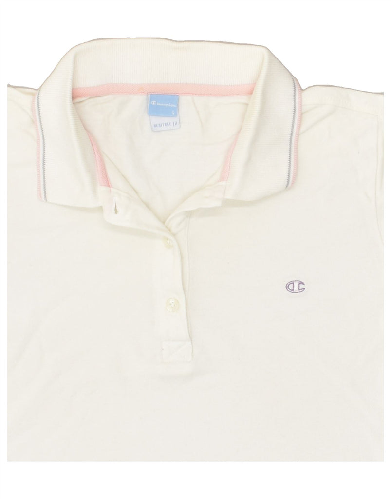 CHAMPION Womens Polo Shirt UK 16 Large White Cotton | Vintage Champion | Thrift | Second-Hand Champion | Used Clothing | Messina Hembry 