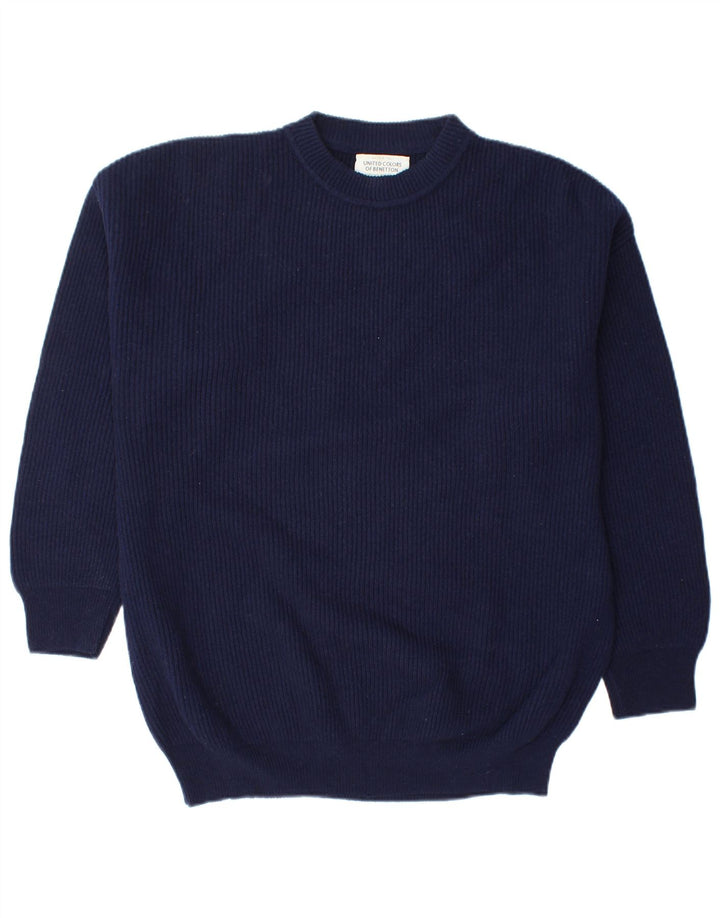 BENETTON Mens Crew Neck Jumper Sweater Medium Navy Blue Virgin Wool