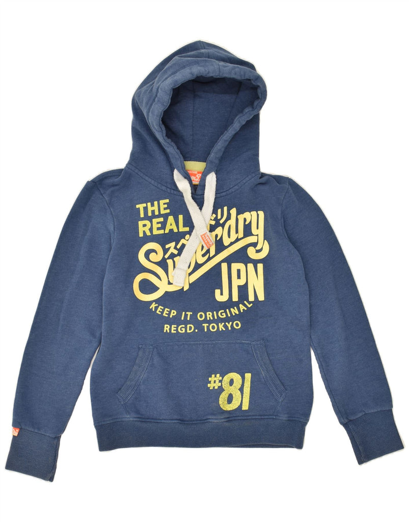 SUPERDRY Womens Graphic Hoodie Jumper UK 10 Small Blue Cotton | Vintage Superdry | Thrift | Second-Hand Superdry | Used Clothing | Messina Hembry 