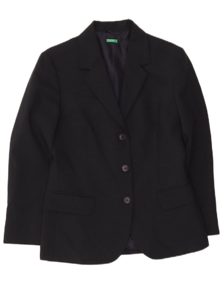 Benetton Womens 3 Button Blazer Jacket IT 42 Medium Navy Blue Polyester