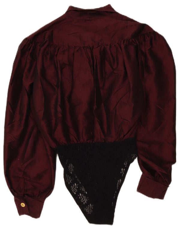 Vintage Womens Long Sleeve Shirt Bodysuit UK 16 Large Burgundy Colourblock