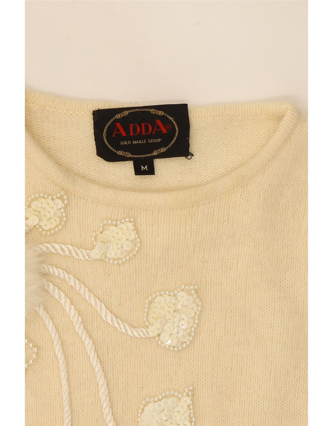 VINTAGE Womens Crew Neck Jumper Sweater UK 14 Medium Beige Geometric Vintage Vintage and Second-Hand Vintage from Messina Hembry 