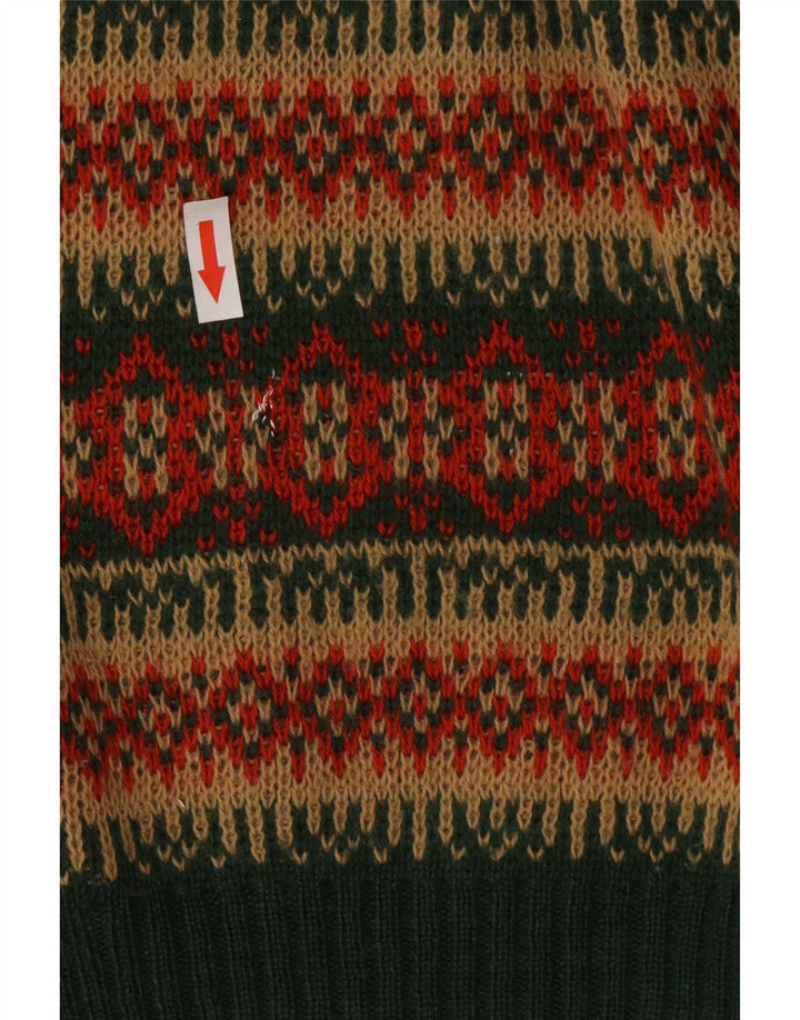 Vintage Mens V-Neck Jumper Sweater Medium Green Striped Wool