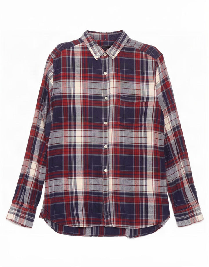 French Connection Mens Flannel Shirt Medium Navy Blue Plaid Cotton