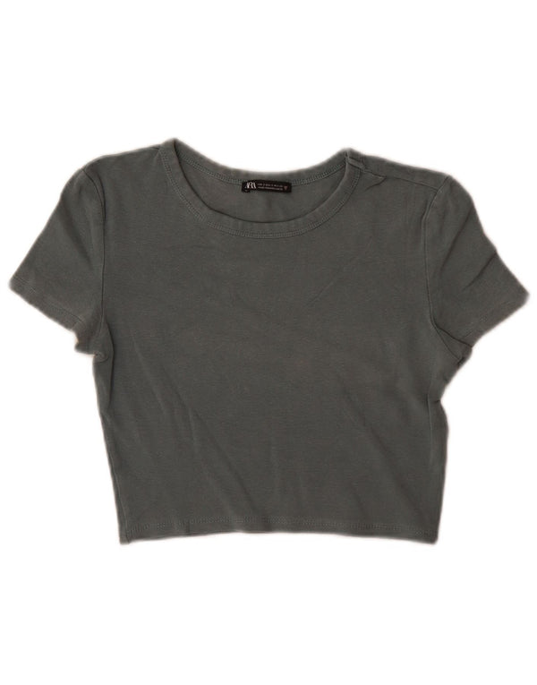 Zara Womens Crop T-Shirt Top UK 8 Small Green Cotton