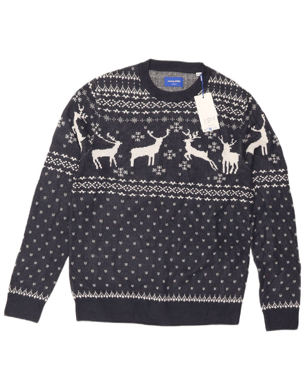 Jack & Jones Mens Crew Neck Jumper Sweater Large Navy Blue Fair Isle