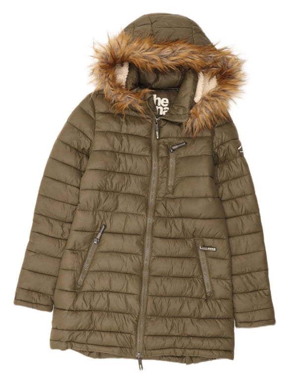 Superdry Womens Hooded Padded Coat UK 14 Medium Khaki Nylon