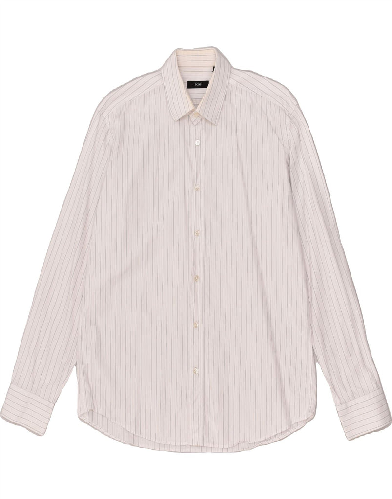HUGO BOSS Mens Shirt Size 15 1/2 39 Medium White Pinstripe Cotton | Vintage Hugo Boss | Thrift | Second-Hand Hugo Boss | Used Clothing | Messina Hembry 
