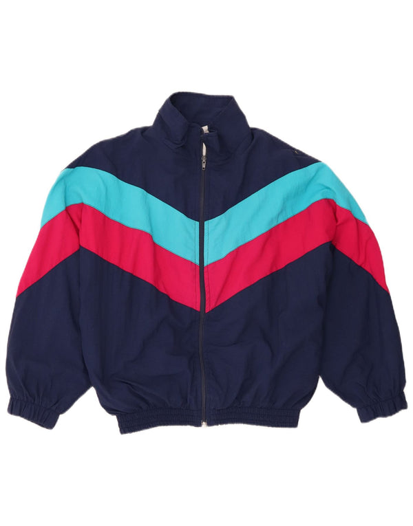 Vintage Womens Tracksuit Top Jacket UK 16 Large Navy Blue Colourblock