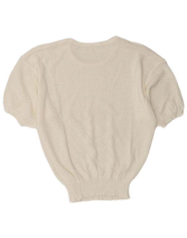 Vintage Womens Short Sleeve Boat Neck Jumper Sweater UK 10 Small White