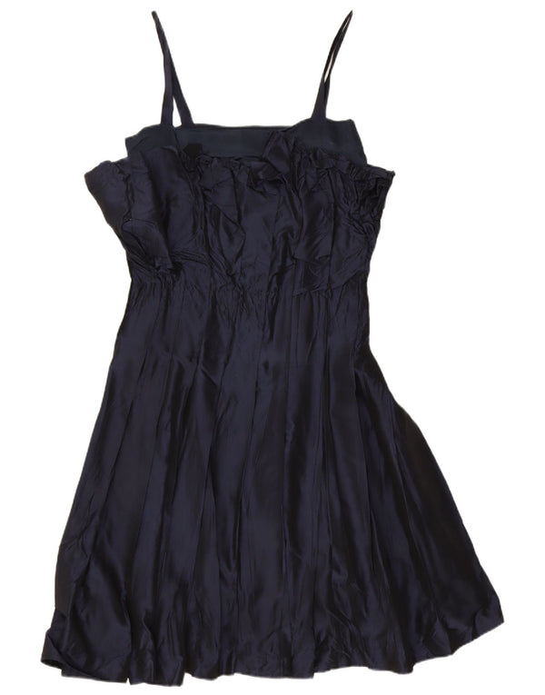 Vintage Womens Ruffle Front Sleeveless A-Line Dress UK 10 Small Navy Blue