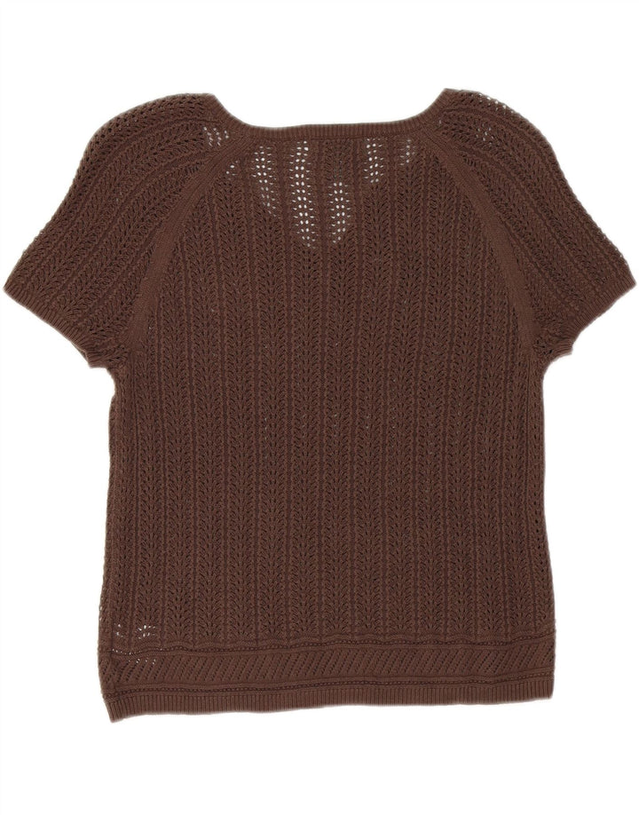 EDDIE BAUER Womens Short Sleeve V-Neck Jumper Sweater UK 14 Medium Brown Vintage Eddie Bauer and Second-Hand Eddie Bauer from Messina Hembry 