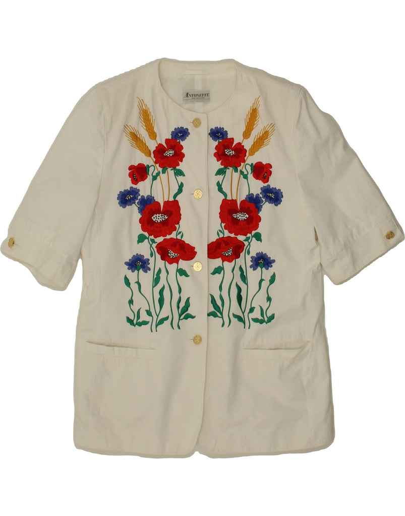 ANTONETTE Womens 4 Button Blazer Jacket IT 42 Medium White Floral Vintage Antonette and Second-Hand Antonette from Messina Hembry 