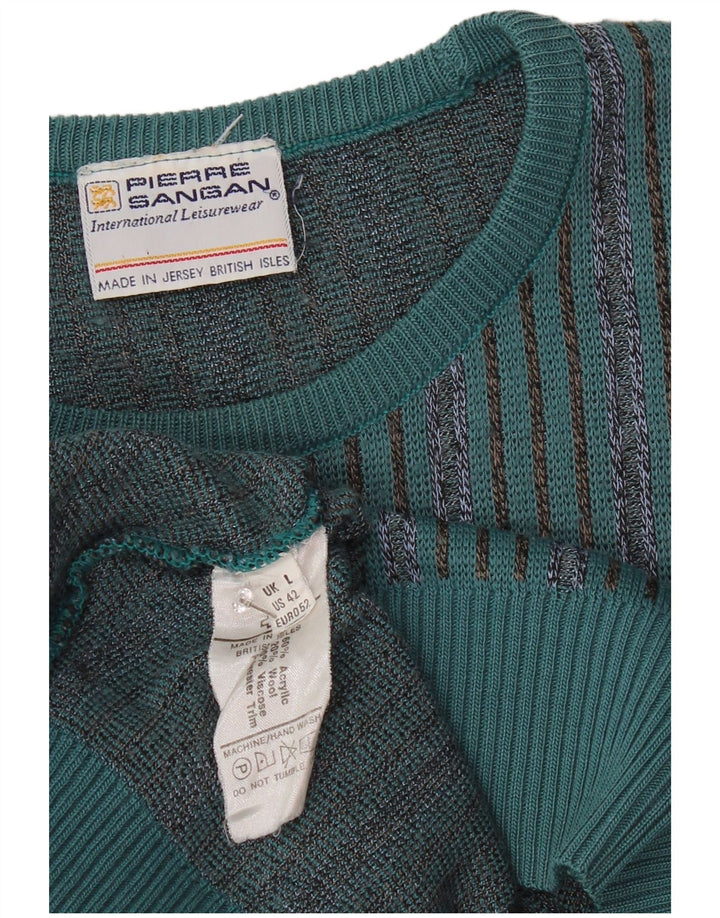 PIERRE SANGAN Mens Crew Neck Jumper Sweater Large Blue Striped Acrylic