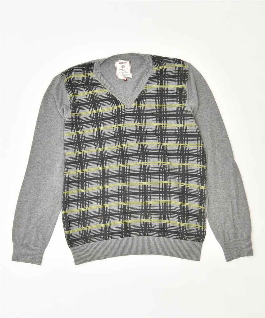 JACK & JONES Mens V-Neck Jumper Sweater Medium Grey Check | Vintage | Thrift | Second-Hand | Used Clothing | Messina Hembry 