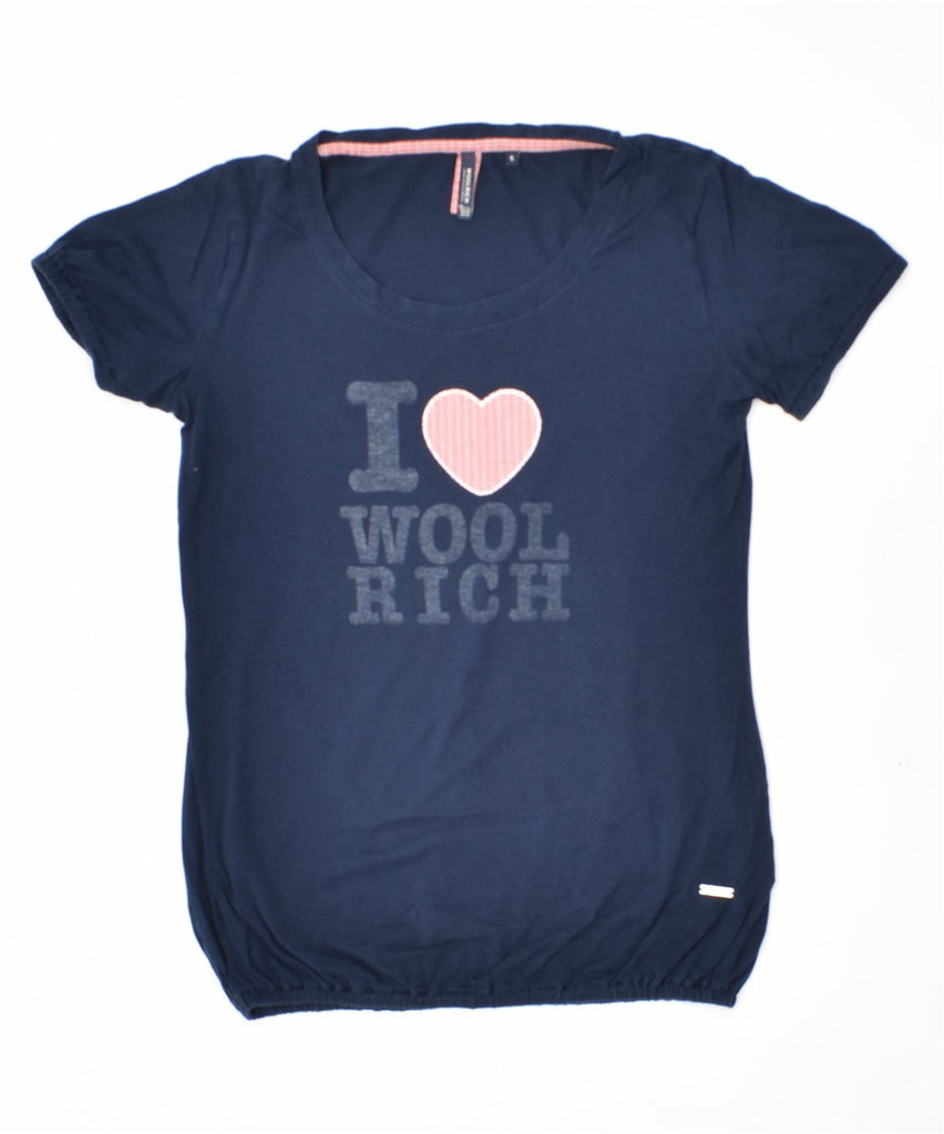 WOOLRICH Womens Graphic T-Shirt Top UK 10 Small Navy Blue Cotton | Vintage | Thrift | Second-Hand | Used Clothing | Messina Hembry 