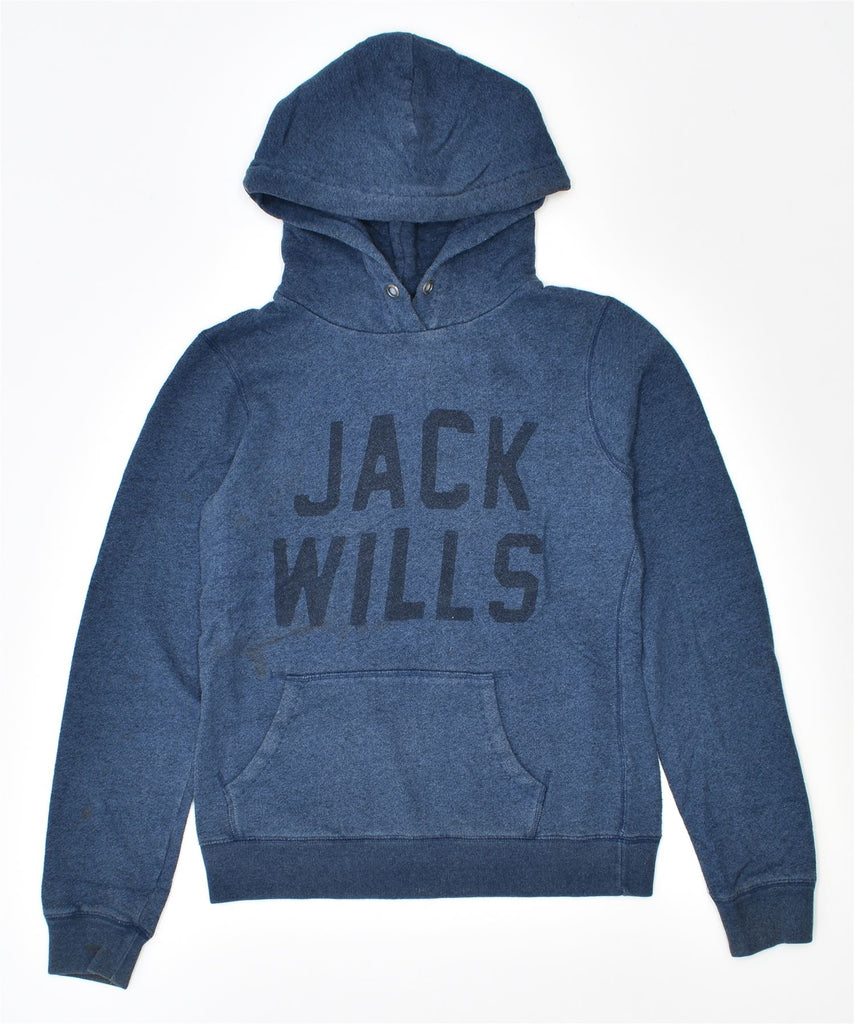 JACK WILLS Womens Graphic Hoodie Jumper UK 8 Small Navy Blue Cotton | Vintage | Thrift | Second-Hand | Used Clothing | Messina Hembry 