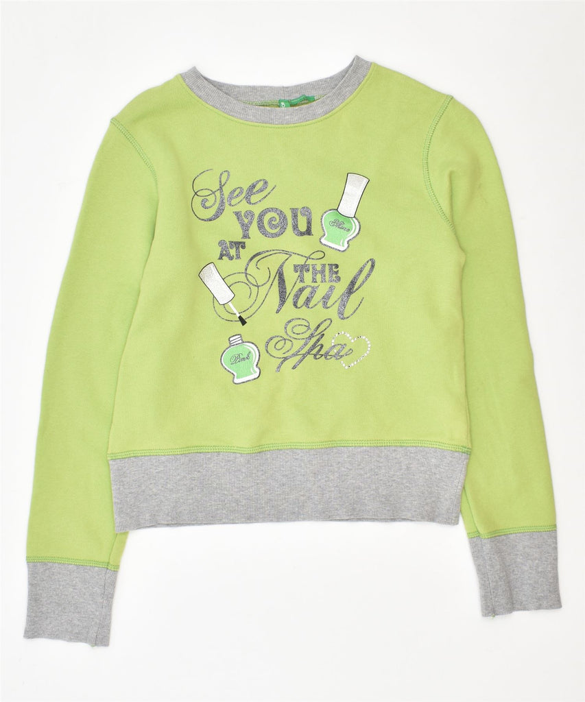 BENETTON Girls Graphic Sweatshirt Jumper 10-11 Years XL Green Cotton | Vintage | Thrift | Second-Hand | Used Clothing | Messina Hembry 