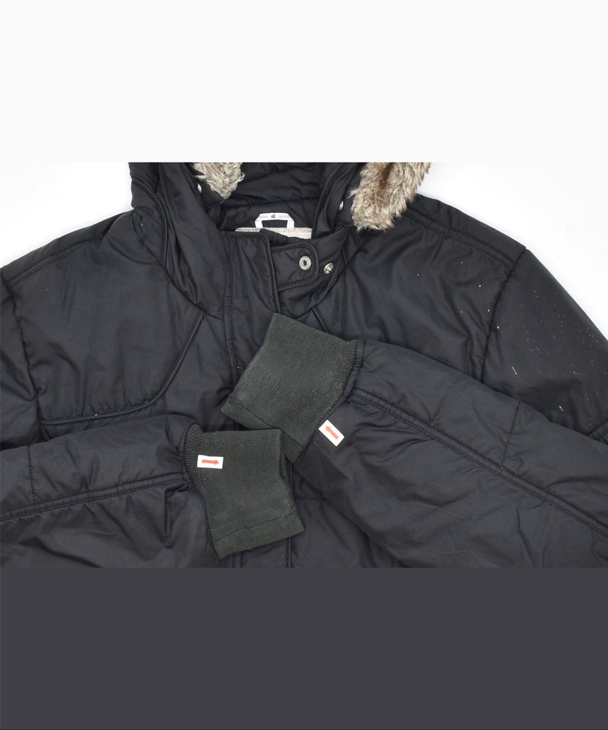 CHAMPION Womens Hooded Padded Jacket UK 14 Large Black Polyester | Vintage | Thrift | Second-Hand | Used Clothing | Messina Hembry 