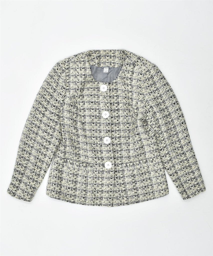 VINTAGE Womens 4 Button Blazer Jacket UK 12 Medium Grey Polyester | Vintage | Thrift | Second-Hand | Used Clothing | Messina Hembry 
